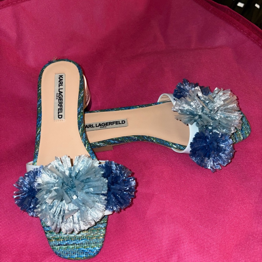 Karl Lagerfeld Blue and Silver Pom Pom Slides